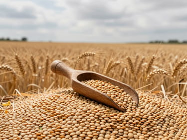 Wide-angle shot of golden wheat fields under an overcast sky, a rustic wooden grain scoop filled with raw lentils in the foreground.