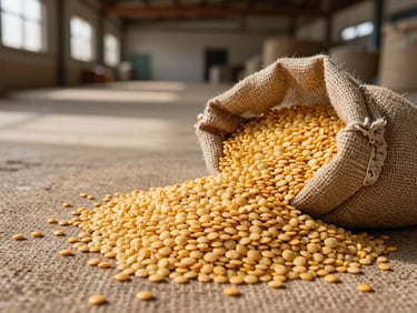 Close-up of golden lentils spilling from a burlap sack inside a clean agricultural warehouse, high contrast