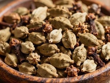 Extreme close-up of raw cardamom pods and dried cloves piled in a rustic wooden bowl, natural harsh sunlight, deep earthy tones.