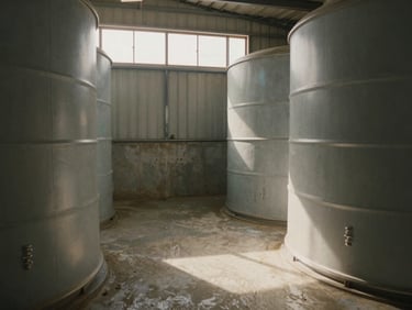 Industrial cold storage facility interior, clean steel surfaces, soft natural light filtering through a high window.