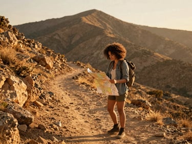 Candid portrait of a female traveler with curly hair checking a physical map on a dusty mountain trail, warm golden hour sunlight, rich earth tones