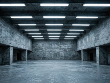 Brutalist concrete research facility interior, cold fluorescent lighting, symmetrical composition