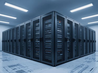 Architectural blueprint overlay on a secure data center, stark blue light, wide-angle