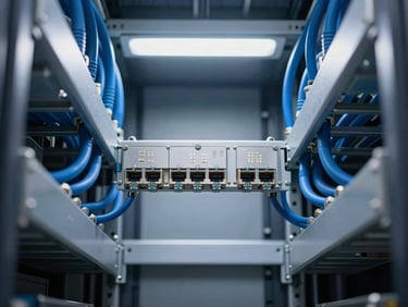 Symmetrical overhead view of clean metal cable trays carrying structured blue network cables, cool industrial lighting, sharp detail