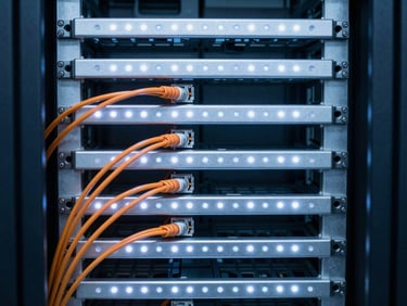 Straight-on perpendicular shot of a perfectly dressed server cabinet, orange fiber cables neatly routed, cool white LED lighting, macro detail