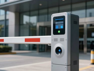 Close-up of a modern automated boom barrier and RFID parking system at a premium commercial building entrance, cool daylight, sharp focus
