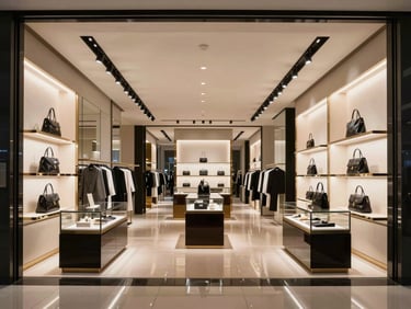 Symmetrical architectural photograph of a luxury retail store interior, polished floors, high-end display cases, dramatic spot lighting.