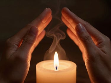 Extreme close-up of hands gently massaging temples under dim warm candlelight, rising steam, dark textured background