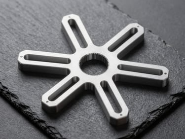 Overhead geometric layout of multiple 3D printed mechanical brackets on a dark slate technical background, cool neutral studio lighting.