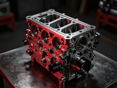 Tight macro shot of a clean, high-performance engine block on a dark metallic surface, dramatic low-key lighting, red accents, industrial automotive photography.