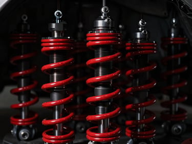 industrial automotive photography, dramatic low-key side lighting, close-up of clean suspension springs and dampers, high contrast red and black tones