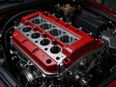 industrial automotive photography, dramatic low-key side lighting, close-up of a clean car engine block, high contrast red and black tones