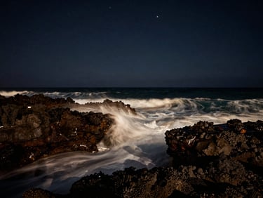 Long-exposure night scene of waves crashing against dark volcanic rocks on the Central Coast, stars visible in a deep dark sky, cinematic.