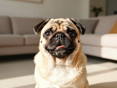 An expressive pug looking up with big happy eyes in a bright modern living room, warm daylight, high-quality 35mm photography