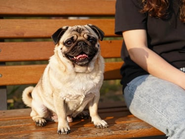 A rescued pug with a shiny coat sitting joyfully on a wooden bench next to its new owner, warm natural lighting, candid moment of connection