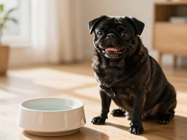 A black pug sitting happily next to a modern ceramic water bowl in a bright, sunlit room, soft warm lighting, eye-level angle, shallow depth of field