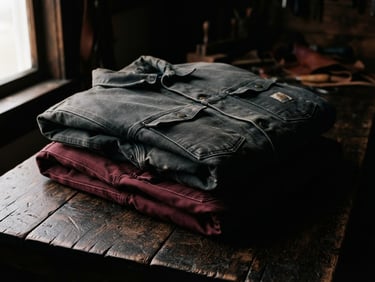 Low-key moody side-lighting on heavy folded canvas work jackets on a dark rustic oak table, deep shadows, high-contrast tactile textures, 35mm