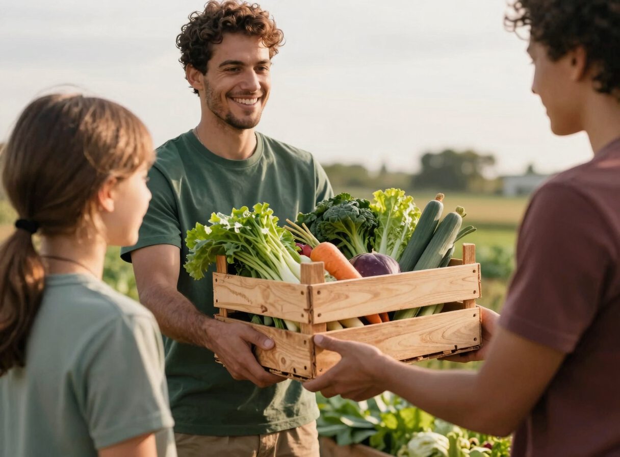 A volunteer handing a wooden box of fresh organic vegetables to a local family, soft overcast daylight, authentic human connection.