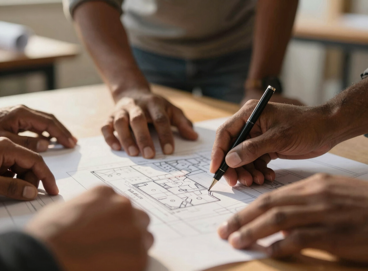 Candid close-up of hands collaborating over a blueprint during a community workshop, warm natural light, shallow depth of field.