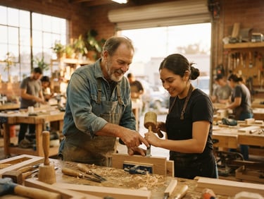 Environmental portrait of a local community workshop in Southern California, warm golden-hour light, a mentor guiding a young adult, authentic focus, shallow depth of field, 35mm.