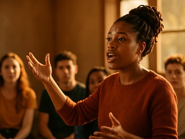 A young community leader speaking passionately during a youth workshop, candid expression, rich earthy tones, 35mm.