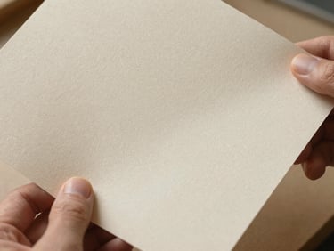 Close-up of specialty textured paper with subtle laid-line pattern, off-white warm tone, hands holding a single sheet up to diffuse natural light revealing watermark texture beneath the surface