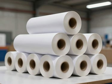 Stack of technical paper rolls in a neutral-lit warehouse environment, smooth white surface, industrial scale visible in background, diffuse overhead light, clean and precise framing