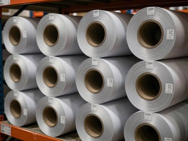 Stack of commercial offset paper reams arranged by weight on a warehouse shelf, warm gray ambient light, labels visible at edges showing gsm values