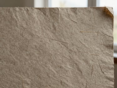 Close-up of recycled paper surface showing visible fiber inclusions, warm gray-beige tone, sheet held flat under diffuse north-facing window light, natural texture evident, environmentally honest aesthetic