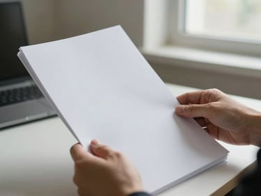 Hand examining a ream of white office paper on a desk, diffuse window light from the side revealing smooth finish, crisp edges visible