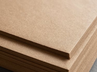 Medium shot of natural kraft paper sheets stacked, warm brown fibrous texture under diffuse daylight, unbleached surface with visible wood pulp grain, edges slightly rough