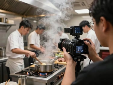 Over-the-shoulder view of a camera filming inside a busy restaurant kitchen, steam rising, chefs in the background, sharp focus.