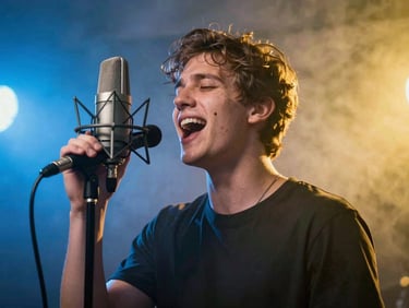A young musician singing passionately into a studio microphone, dynamic blue and yellow backlighting, smoke machine effect, high energy