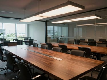 Wide shot of a glass-walled conference room in Malabo, neon production lights casting terracotta glows on dark wood tables.
