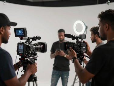 Behind-the-scenes view of a modern video production set in Malabo, cameras rolling, bright ring light reflecting in a camera lens, professional crew framing a shot