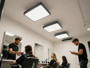 Low-angle shot of a modern hair salon in Malabo, professional cinematic lighting rigs suspended from the ceiling, actors in position.
