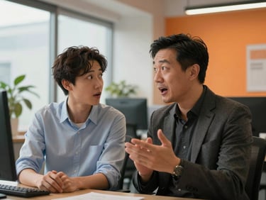 Two actors performing a comedic scene in a modern office set, expressive faces, warm natural light mixed with an orange LED fill, sharp focus