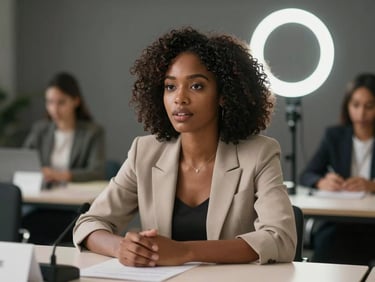 A young African woman speaking confidently at a modern conference table, soft ring light reflection in her eyes, professional production setup