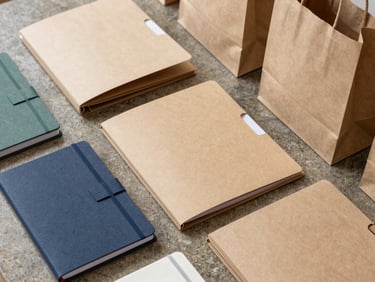 Overhead flat-lay of neatly organized corporate folders, custom notebooks, and elegant paper bags on a stone surface