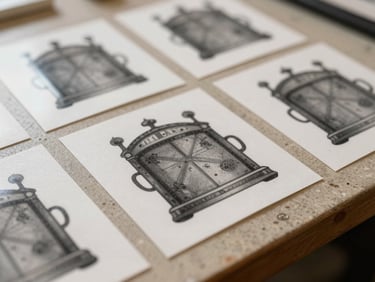 Close-up of industrial table tents and custom transparent stickers catching light on a textured workshop table