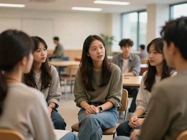 Close-up of a small group of diverse young adults seated in a circle in a bright campus lounge, one person speaking while others listen attentively, warm institutional lighting, natural and unposed