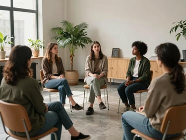 Environmental wide shot of a small support group gathering in a soft-lit room, four people seated in a semi-circle, one facilitator standing nearby, calm and attentive atmosphere, diverse participants, institutional interior with plants and natural materials