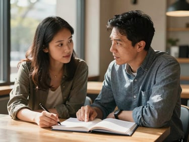 Medium shot of a mentor and mentee sitting together at a campus café table, mentor pointing gently at an open notebook, warm afternoon light through a window, faces in genuine focused conversation, diverse pair