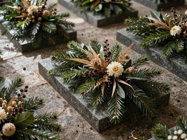 Overhead shot of premium handmade grave arrangements on natural dark stone, rich green fir branches, dried exotic flowers, soft natural daylight, deep shadows