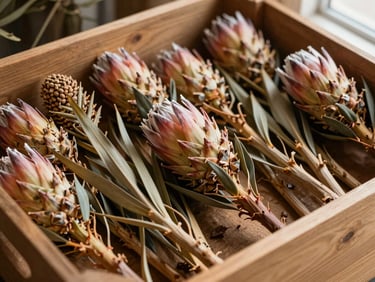 Close-up of raw exotic botanicals including dry protea and palm spears arranged neatly in a wooden wholesale crate, warm side daylight, high texture detail