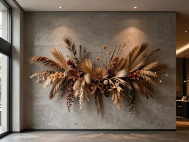 Clean modern hotel lobby with a large high-end dried botanical installation on a concrete wall, elegant minimalist design, soft directional window light
