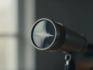 Overhead tight shot of a studio condenser microphone capsule with a visible waveform reflection on the metal body, soft north-facing window light, dark navy blurred background — no people, no text