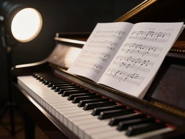 Close-up of piano keys with a sheet of handwritten music notation resting on the fallboard, warm studio strobe light from the upper left, shallow depth of field, dark background — no people, no text