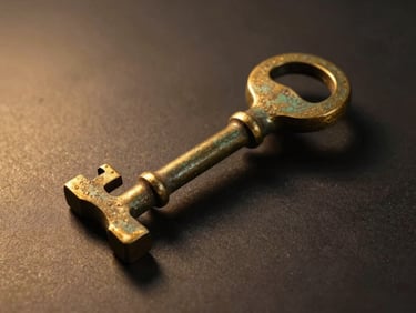 Close-up of a traditional gamelan bronze key in isolation on a dark surface, warm golden studio light raking from the left revealing texture, minimal background — no people, no text