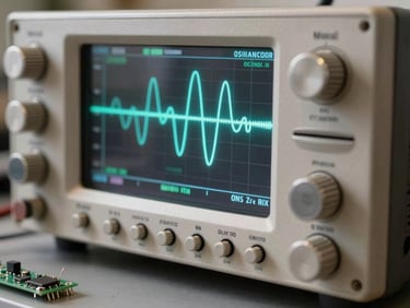 Primer plano extremo de una sonda de osciloscopio tocando un pin de microchip en una placa electrónica de control industrial, pantalla de osciloscopio con ondas cian de fondo difuminado.